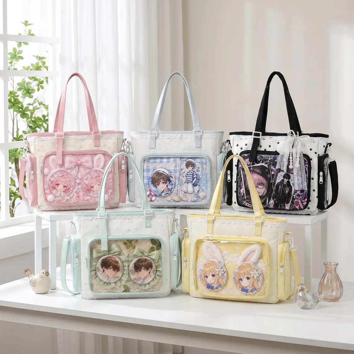 Kawaii Ita Crossbody Tote Bag, Large Pin Display Messenger Bag, Nylon Shoulder Bag